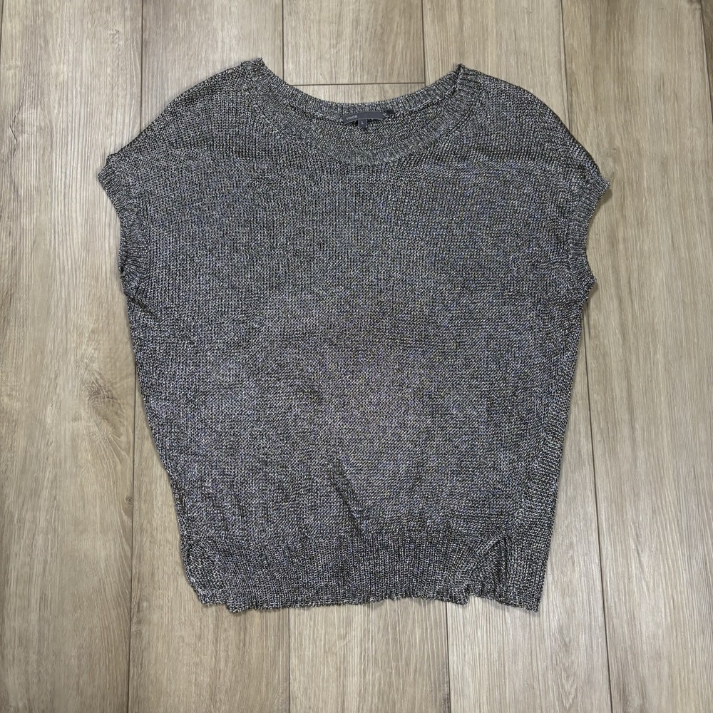 VINCE Womens L Metallic Platinum‎ Top Open Knit Short Dolman Sleeve Chain Mail